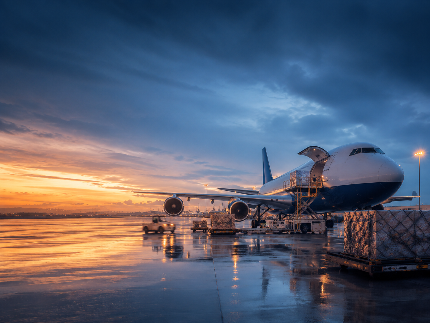 Avión de carga en plataforma aeroportuaria al atardecer