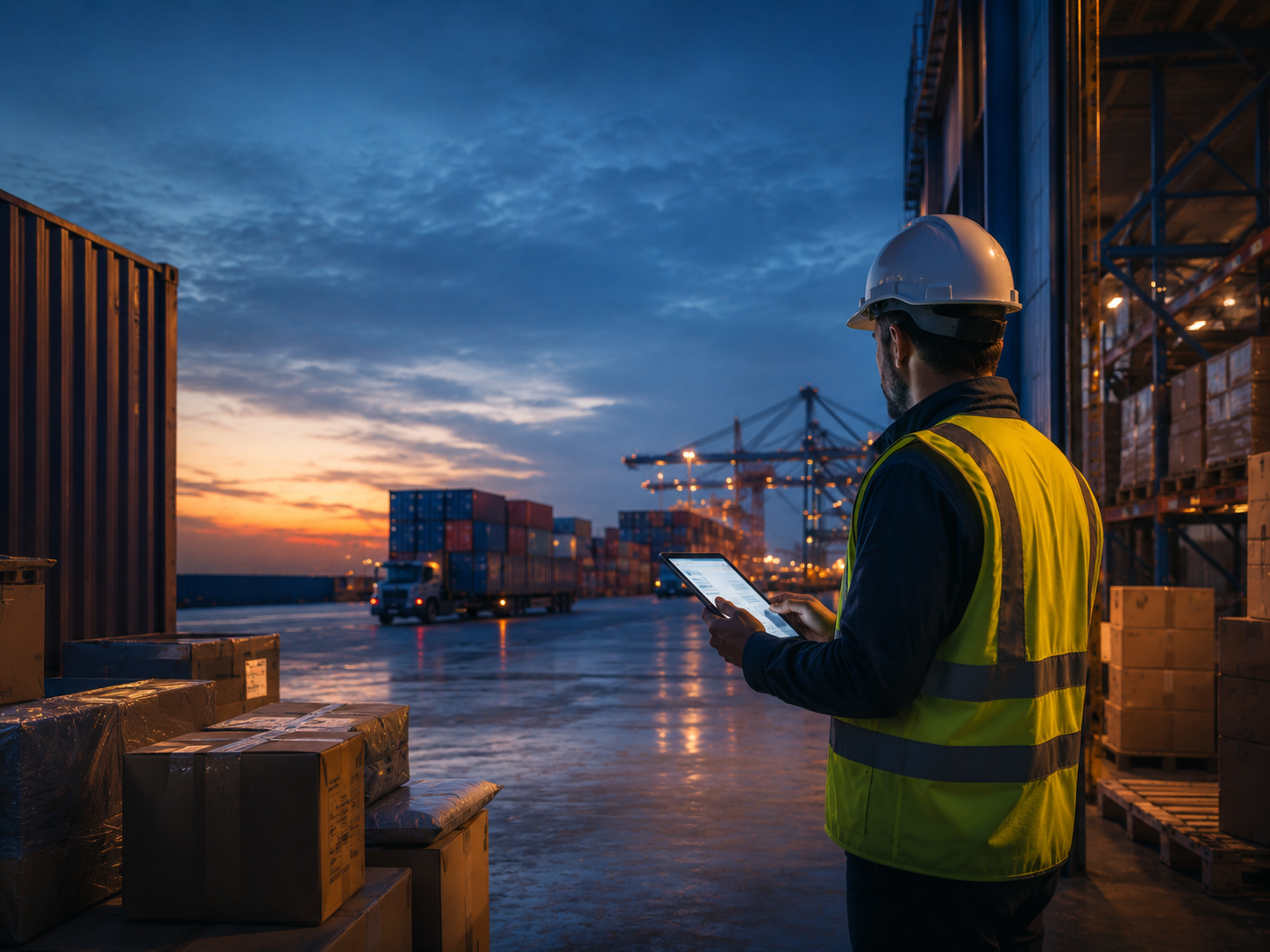 Operador logístico coordinando servicios complementarios en terminal de carga